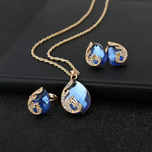 Collana Cristallo Blu + Set Orecchini Cristallo Blu in Oro